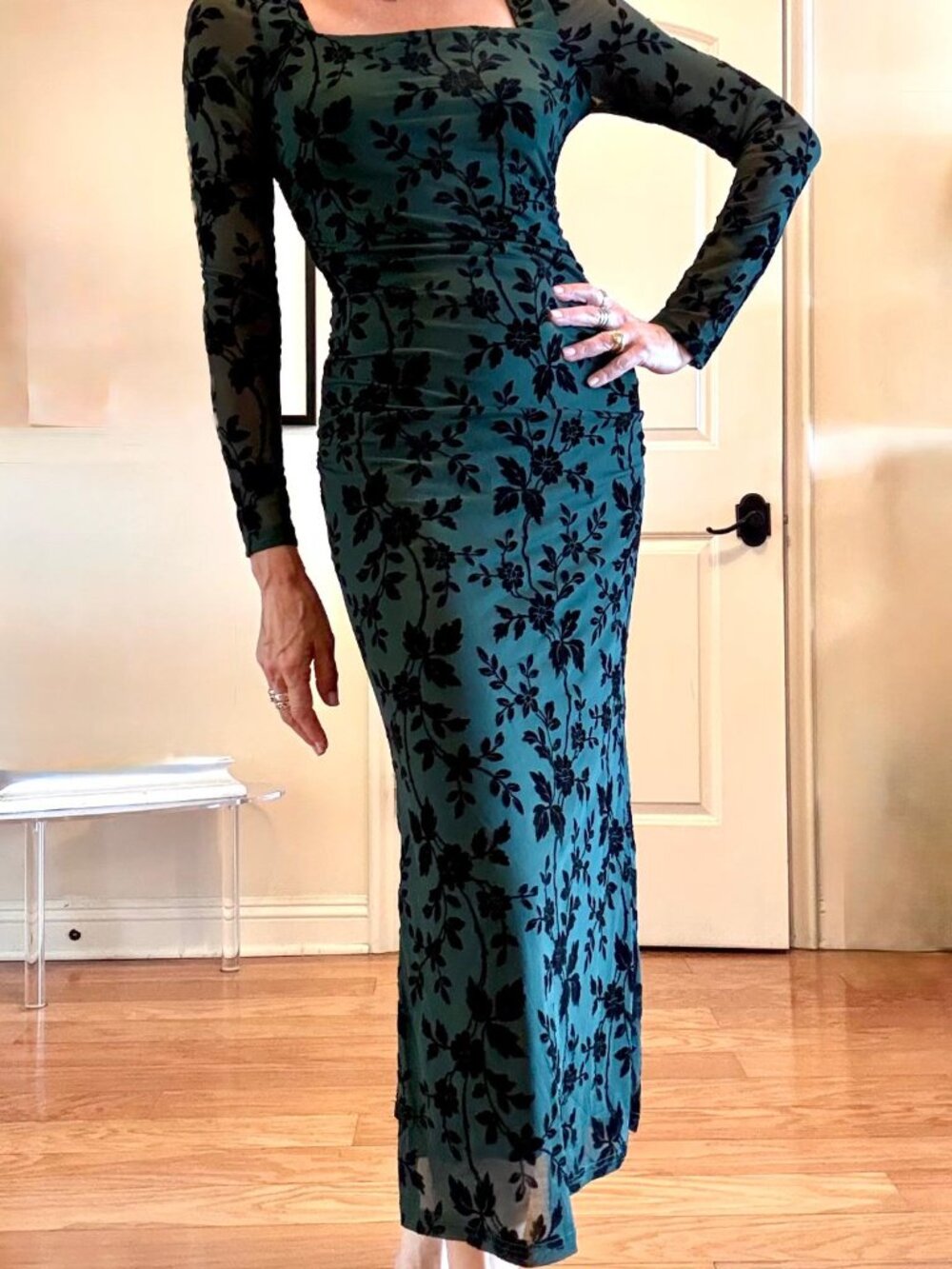 Dark green velvet & mesh midi, ruched, floral, square neckline, lined, size S